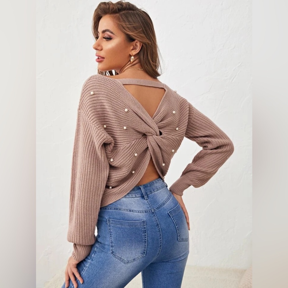 SHEIN Taupe Pearl-Accent Twist-Back Knit Sweater